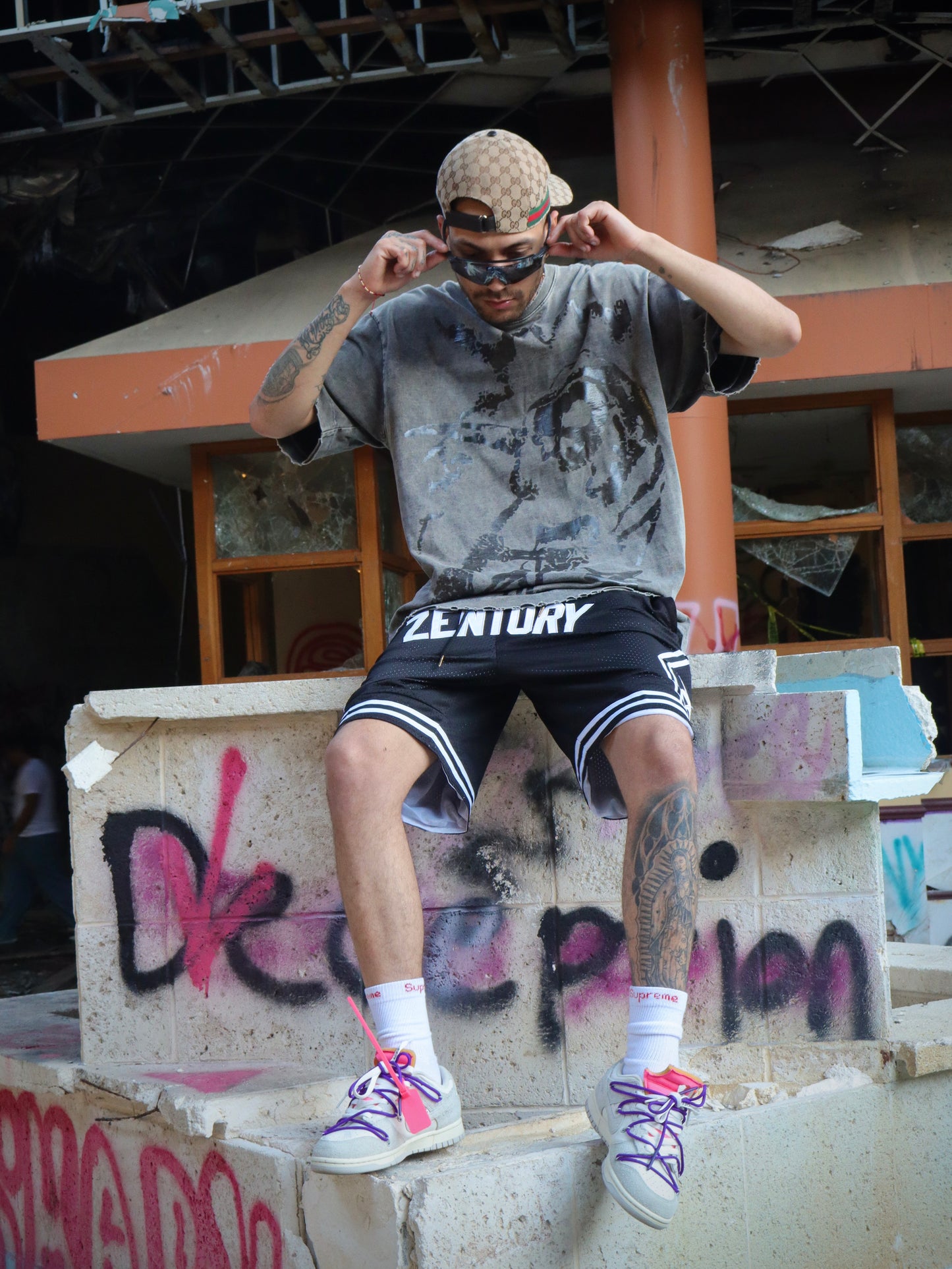 Acid-Washed Greenish-Gray Distressed Skull Oversized Tee