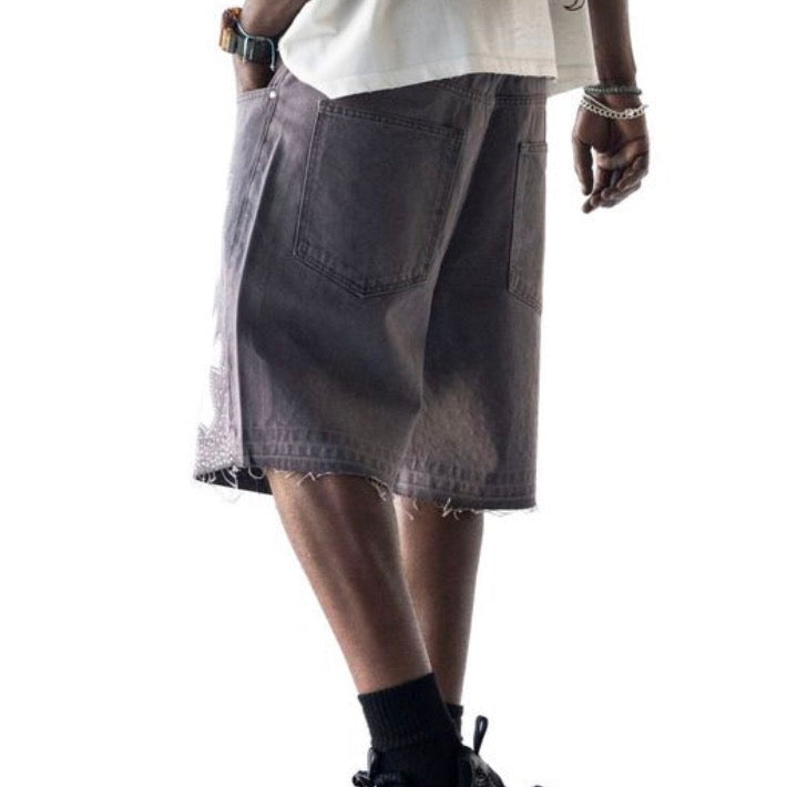 Cross Rhinestone Denim Capri Shorts