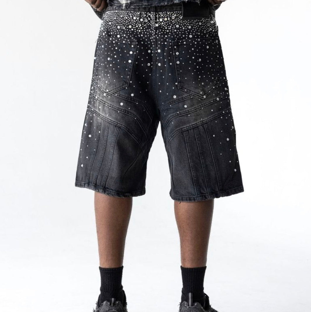 Studded Washed Denim Capri Shorts