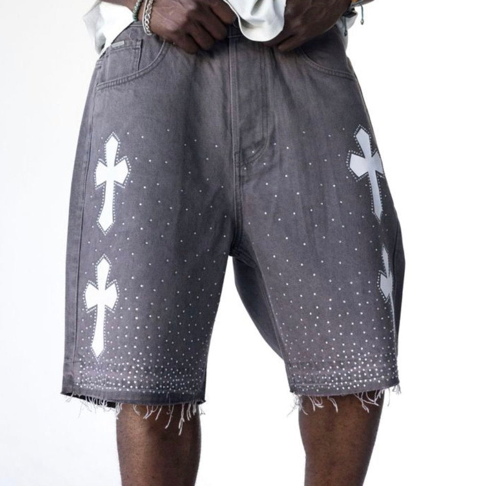 Cross Rhinestone Denim Capri Shorts
