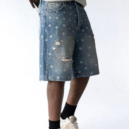Rhinestones Floral Pattern Denim Shorts