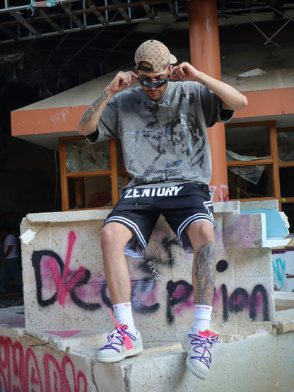 Acid-Washed Greenish-Gray Distressed Skull Oversized Tee