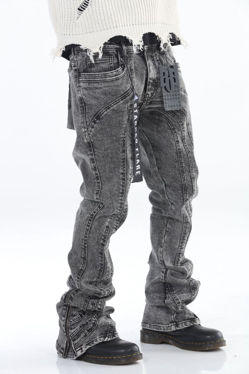 Cut and Sewn Panel Random Wash Stacked Flare