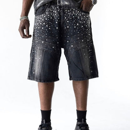 Studded Washed Denim Capri Shorts