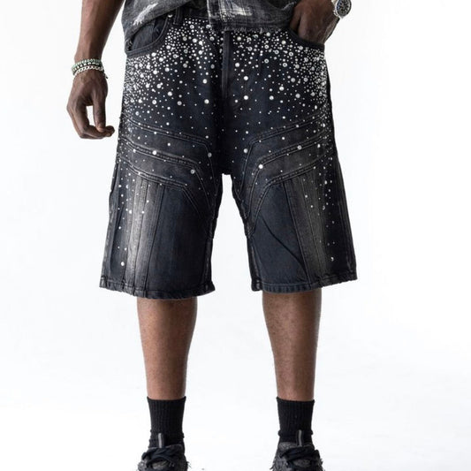 Studded Washed Denim Capri Shorts