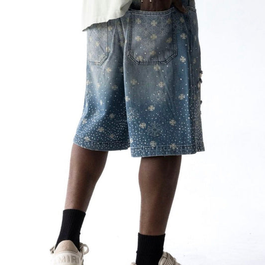 Rhinestones Floral Pattern Denim Shorts