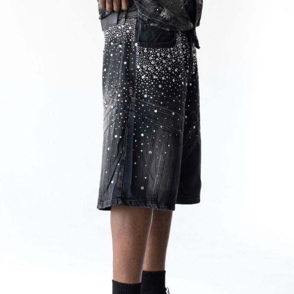 Studded Washed Denim Capri Shorts