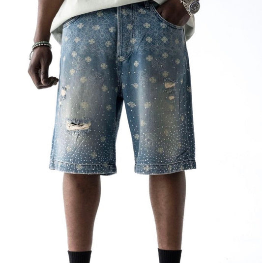 Rhinestones Floral Pattern Denim Shorts