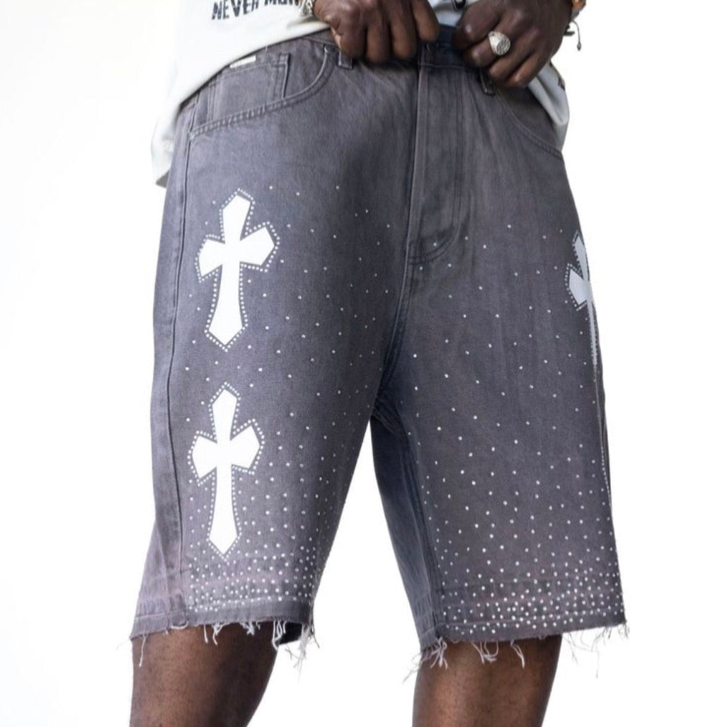 Cross Rhinestone Denim Capri Shorts