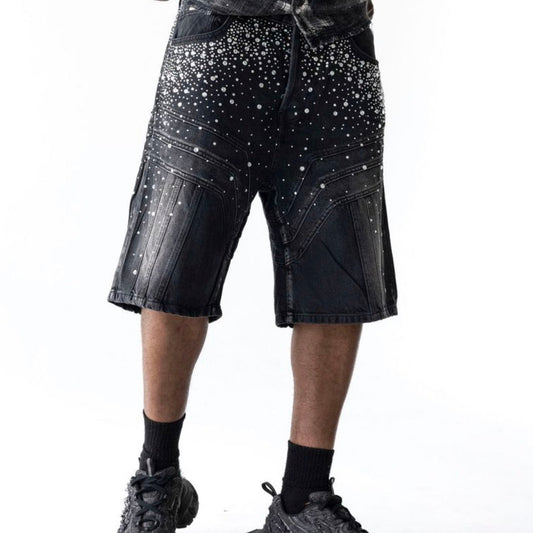 Studded Washed Denim Capri Shorts