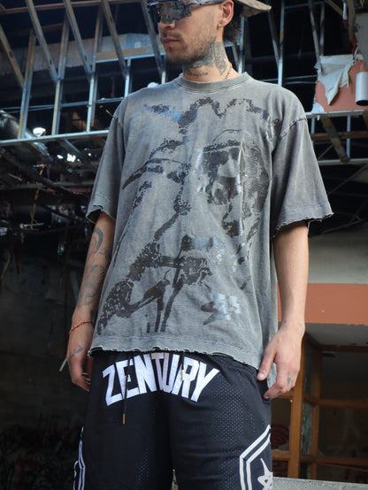 Acid-Washed Greenish-Gray Distressed Skull Oversized Tee