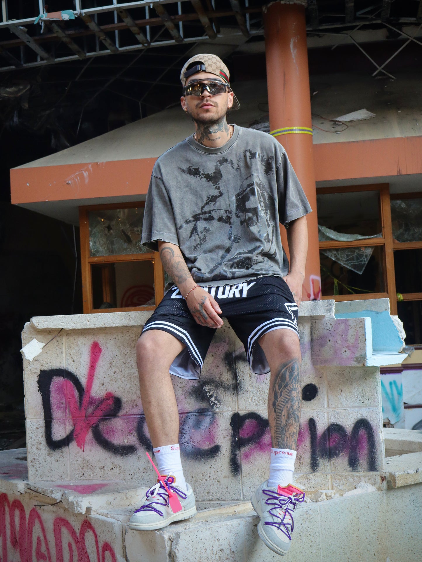 Acid-Washed Greenish-Gray Distressed Skull Oversized Tee