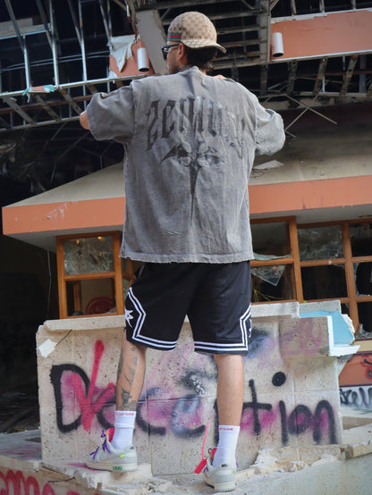 Acid-Washed Greenish-Gray Distressed Skull Oversized Tee