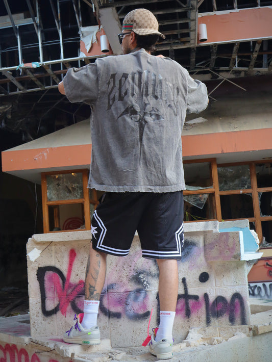 Acid-Washed Greenish-Gray Distressed Skull Oversized Tee