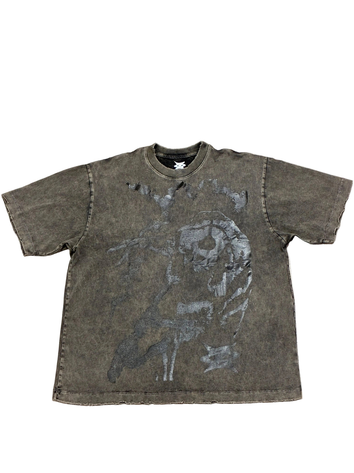 Acid-Washed Greenish-Gray Distressed Skull Oversized Tee