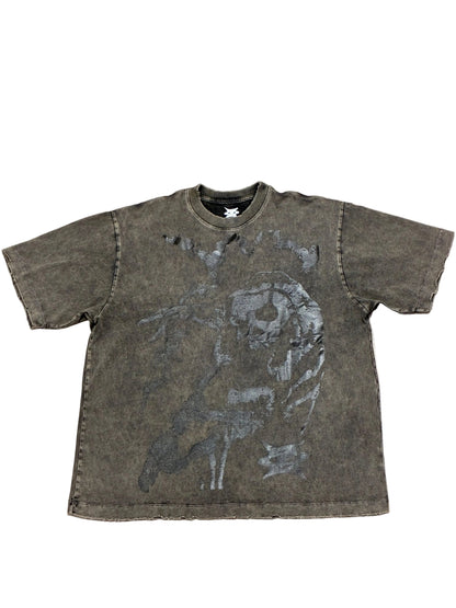Acid-Washed Greenish-Gray Distressed Skull Oversized Tee