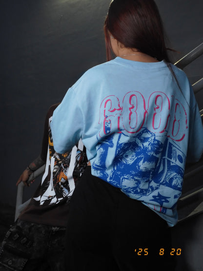 “Good luck” -Oversized Blue Tee