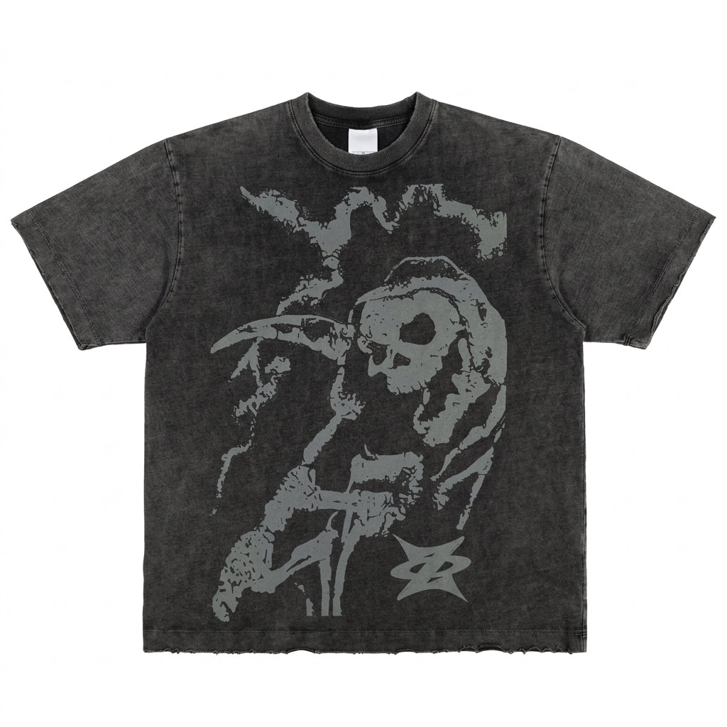 Acid-Washed Greenish-Gray Distressed Skull Oversized Tee