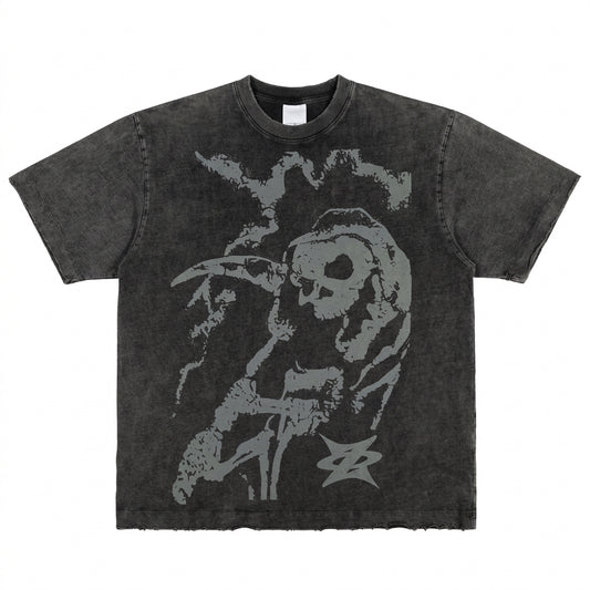 Acid-Washed Greenish-Gray Distressed Skull Oversized Tee